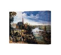 Benjamin Tate Design Canvas Wall Art Landscape River Scene With Church And Ships