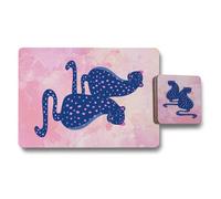 Benjamin Tate Design Cat Themed Placemat Coaster Set Of Twelve In Pink Landscape With Blue Spotted Panthers And Wooden Backing