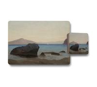 Benjamin Tate Design Coastal Seascape Placemat And Coaster Set With Rocky Beach Print
