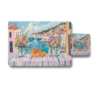 Benjamin Tate Design Coastal Town Theme Placemat And Coaster Set With Floral Vase Motif