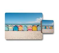 Benjamin Tate Design Colorful Beach Hut Placemats And Coaster Set For Dining Table