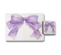 Benjamin Tate Design Designer Artwork Purple Bow Placemat And Coaster Set With Wood Bottom From The Trend Collection Limited Edition