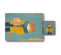Benjamin Tate Design Designer Cat Placemat And Coaster Set With Wood Bottom And High End Print Artwork Limited Edition