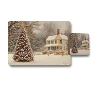Benjamin Tate Design Designer Christmas Placemats And Coasters Set With Wood Backing 12 Pieces Exclusive Winter Village Artwork