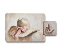 Benjamin Tate Design Designer Hat Artwork Placemat Coaster Set Premium Print On Wood Backing Exclusive Decor