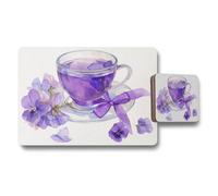 Benjamin Tate Design Designer Purple Teacup Placemats And Coasters Set Wood Back 12 Piece Collection Elite