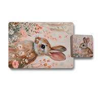 Benjamin Tate Design Designer Rabbit Artwork Placemat And Coaster Set With Wood Backing Premium Print Collection Limited Edition