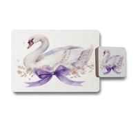 Benjamin Tate Design Elegance Swan Placemat And Coaster Set With Purple Ribbon Artwork Wood Base Limited Edition