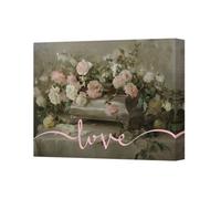 Benjamin Tate Design Floral Canvas Wall Art Print With Pink Love Script Handmade In Uk