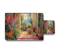Benjamin Tate Design Floral Garden Terrace Art Placemat And Coaster Set With Ocean View