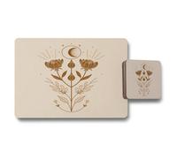 Benjamin Tate Design Floral Placemats And Coasters Set In Copper Print On Wood Base Designer Artwork Limited Edition 12 Piece