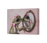Benjamin Tate Design Frog Mirror Canvas Wall Art Print With Pink Bow Decor