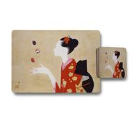 Benjamin Tate Design Geisha Illustration Placemat And Coaster Set In Red Kimono