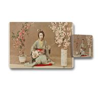 Benjamin Tate Design Geisha Playing Shamisen Placemat And Coaster Set With Cherry Blossom
