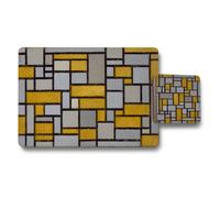 Benjamin Tate Design Geometric Wood Bottom Placemat And Coaster Set In Yellow Gray Palette, Designer Artwork Collection, Limited Edition