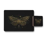 Benjamin Tate Design Gold Butterfly Placemat And Coaster Set Black Wood Base Luxury Designer Artwork Collection Limited Edition
