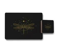 Benjamin Tate Design Gold Foil Dragonfly Placemat And Coaster Set Black With Wood Base Limited Edition Artisanal Luxury