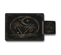 Benjamin Tate Design Gold Foil Palm Island Placemat Set Of 12 And Coaster Set Wooden Base Limited Edition