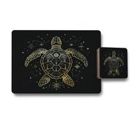 Benjamin Tate Design Gold Foil Turtle Artwork Placemats And Coasters Set Black Wood Base Luxury Collection