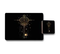 Benjamin Tate Design Gold Key Motif Placemat Coaster Set In Black With Wood Base, Art Deco Luxury Collection, Limited Edition
