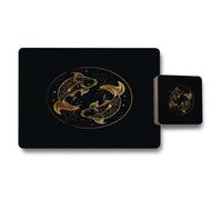 Benjamin Tate Design Gold Koi Placemats And Coasters Set In Black With Wood Bottom And Limited Edition Gold Foil Artwork