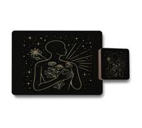 Benjamin Tate Design Gold Line Art Placemat And Coaster Set On Black With Wood Bottom Floral Motif Set Of 12 Exclusive Collection