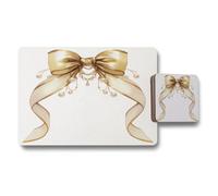 Benjamin Tate Design Gold Ribbon Placemat And Coaster Set, Luxury Bow Collection, Wood Base, Limited Edition