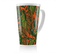 Benjamin Tate Design Green Tropical Leaves On Orange Latte Mug, Stunning Designer Mug Fit For Any Home, Treat Yourself Or A Loved One