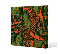 Benjamin Tate Design Green Tropical Leaves On Orange Slim Style Canvas Print 50X50Cm , 15mm Slim Real Wood.