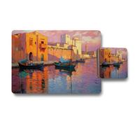 Benjamin Tate Design Harbor Scene Placemat And Coaster Set With Colorful Boats Artwork