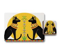 Benjamin Tate Design illustration of black egyptian cats with papyrus placemat coaster set in Natural Benjamin Tate Design Natural