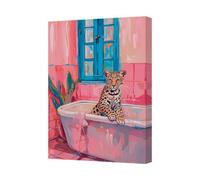 Benjamin Tate Design Leopard In Pink Bathroom Canvas Wall Art Print With Blue Door