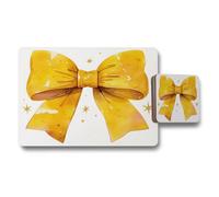 Benjamin Tate Design Limited Bow Collection Placemat And Coaster Set In Gold Print With Wood Backing Lux Finish