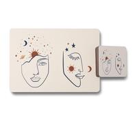 Benjamin Tate Design line art illustration with mystical & celestial elements like stars moon sun & planets placemat coaster set in Natural Benjamin Tate Design Natural