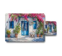 Benjamin Tate Design Mediterranean Placemats And Coaster Set With Blue Doors And Bougainvillea