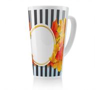 Benjamin Tate Design Orange & Red Autumn Leaves On Black Stripes Latte Mug, Stunning Designer Mug Fit For Any Home, Treat Yourself Or A Loved One