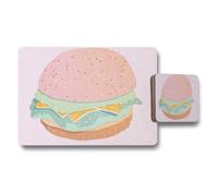Benjamin Tate Design Pastel Burger Themed Placemat And Coaster Set With Pink Background