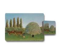 Benjamin Tate Design Pastoral Landscape Placemats And Coasters Set With Trees And Cows