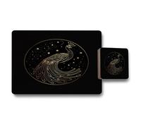 Benjamin Tate Design Peacock Gold On Black Placemat And Coaster Set Gold Foil Designer Artwork Limited Edition