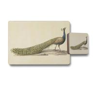 Benjamin Tate Design Peacock Placemats And Coaster Set Vintage Illustration Beige