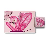 Benjamin Tate Design Pink Butterfly Placemats And Coasters Set Of Twelve With Designer Artwork Print And Wood Base