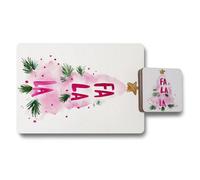 Benjamin Tate Design Pink Christmas Tree Placemat And Coaster Set Of 12 In Premium Print With Wood Base Limited Edition