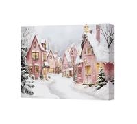 Benjamin Tate Design Pink Snowy Village Canvas Wall Art Decor Christmas Scene