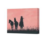 Benjamin Tate Design Pink Sunset Horse Silhouette Canvas Wall Art Print Cowgirl Scene