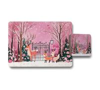 Benjamin Tate Design Pink Winter Deer Placemat And Coaster Set With Gate Design