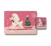 Benjamin Tate Design Pink Winter Poodle Placemat And Coaster Set With Christmas Tree