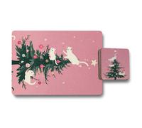 Benjamin Tate Design Placemat And Coaster Set 12 Pieces Pink Christmas Cats Luxe Print Collection Exclusive Design