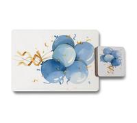 Benjamin Tate Design Placemat And Coaster Set In Blue Balloon Designer Artwork With Wooden Backing Limited Edition 12 Piece Set