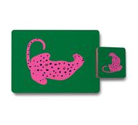 Benjamin Tate Design Placemat And Coaster Set In Green With Pink Leopard Artwork Luxury Print Technology Exclusive Edition