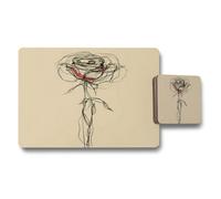 Benjamin Tate Design Placemat And Coaster Set In Wood Bottom With High End Print Rose Sketch Designer Art Collection Limited Edition